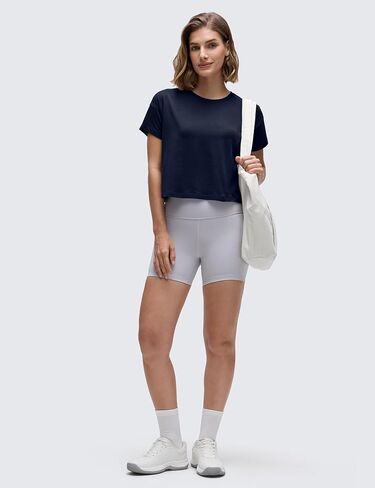 CRZ YOGA Women's Pima Cotton Workout Short Sleeve Shirts Loose Crop Tops Athletic Gym Shirt Casual Cropped T-Shirt Navy Small in Saudi Arabia