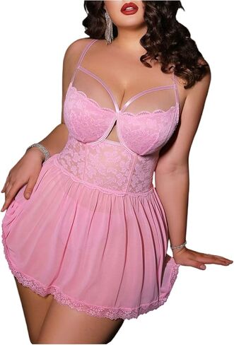 OYOANGLE Women's Plus Size Underwire Lingerie Lace Sheer Babydoll Chemise Mesh Nightgowns Boudoir Outfits in Saudi Arabia