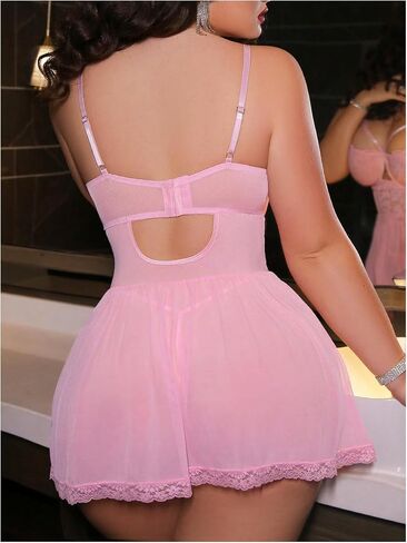 OYOANGLE Women's Plus Size Underwire Lingerie Lace Sheer Babydoll Chemise Mesh Nightgowns Boudoir Outfits in Saudi Arabia