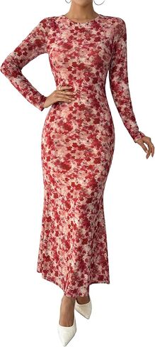 BTFBM حفل زفاف الضيف للنساء Fall Fashion 2025 Bodycon Long Sleeve Boho Mesh Party Cocktail Floral Maxi Dress in Saudi Arabia