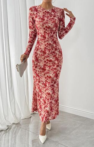BTFBM حفل زفاف الضيف للنساء Fall Fashion 2025 Bodycon Long Sleeve Boho Mesh Party Cocktail Floral Maxi Dress in Saudi Arabia