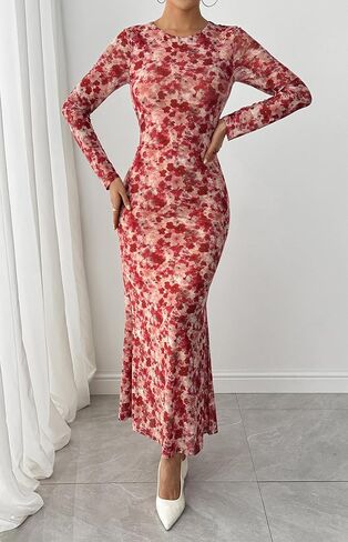 BTFBM حفل زفاف الضيف للنساء Fall Fashion 2025 Bodycon Long Sleeve Boho Mesh Party Cocktail Floral Maxi Dress in Saudi Arabia