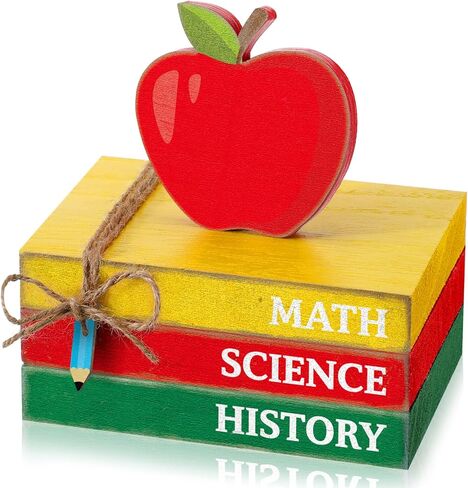 Yousoontic 4 Pcs Back to School Decorations Wooden Apple Tiered Tray Decor Decorative Mini Book Stack with Pencil Ornament Rustic Farmhouse First Day of School Decor for Shelf Classroom Students Decor in Saudi Arabia