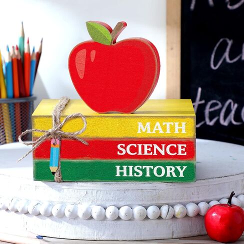 Yousoontic 4 Pcs Back to School Decorations Wooden Apple Tiered Tray Decor Decorative Mini Book Stack with Pencil Ornament Rustic Farmhouse First Day of School Decor for Shelf Classroom Students Decor in Saudi Arabia