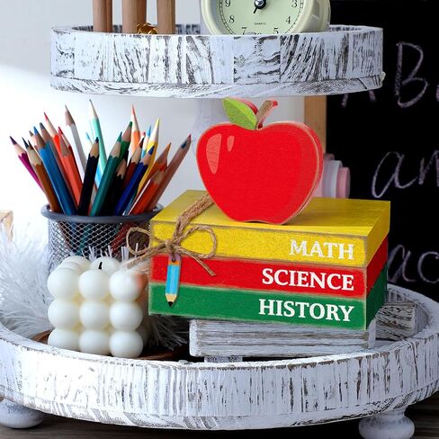 Yousoontic 4 Pcs Back to School Decorations Wooden Apple Tiered Tray Decor Decorative Mini Book Stack with Pencil Ornament Rustic Farmhouse First Day of School Decor for Shelf Classroom Students Decor in Saudi Arabia