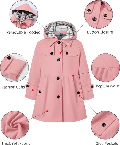 SANGTREE Girls' Autumn and Winter Woolen Coat with Detachable Hat Outerwear Peacoat,2-14 Years in Saudi Arabia