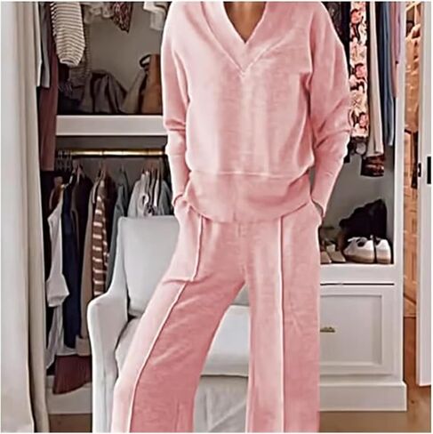Women's Solid Color V-Neck Top & Pants Two-Piece Set, Sweatshirt Sets for Women, Fall Clothing Set for Women 2024 in Saudi Arabia