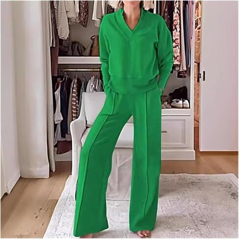 Women's Solid Color V-Neck Top & Pants Two-Piece Set, Sweatshirt Sets for Women, Fall Clothing Set for Women 2024 in Saudi Arabia