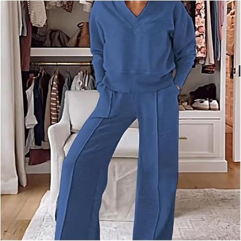 Women's Solid Color V-Neck Top & Pants Two-Piece Set, Sweatshirt Sets for Women, Fall Clothing Set for Women 2024 in Saudi Arabia