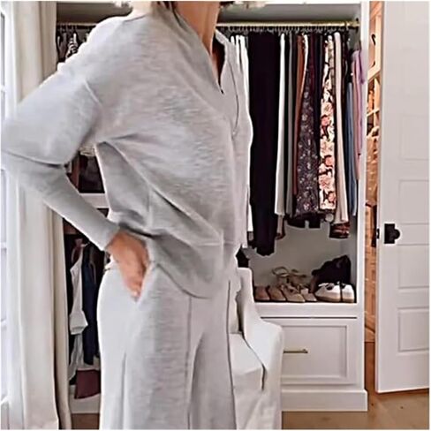 Women's Solid Color V-Neck Top & Pants Two-Piece Set, Sweatshirt Sets for Women, Fall Clothing Set for Women 2024 in Saudi Arabia