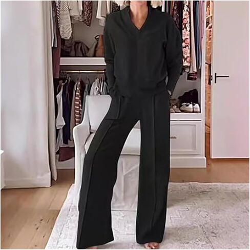 Women's Solid Color V-Neck Top & Pants Two-Piece Set, Sweatshirt Sets for Women, Fall Clothing Set for Women 2024 in Saudi Arabia