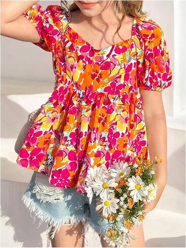 زهور الفتاة الأكمام البلوزات peplum البلوز in Saudi Arabia