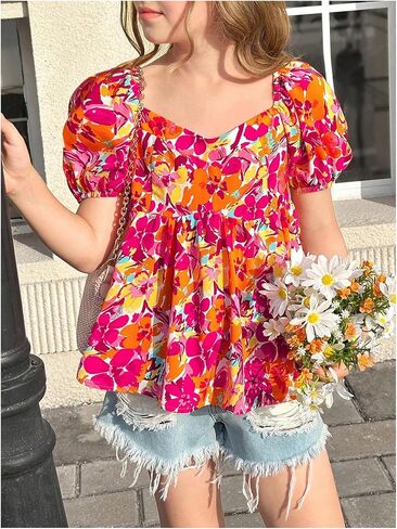 زهور الفتاة الأكمام البلوزات peplum البلوز in Saudi Arabia