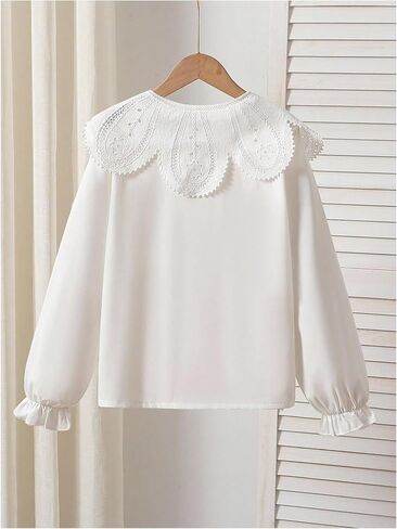 Girl's Eyelet Embroidery Blouses Button Down Ruffle Long Sleeve Collared Uniform Shirt Tops in Saudi Arabia