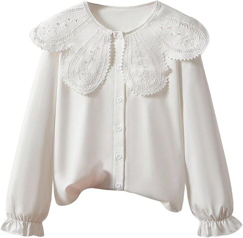 Girl's Eyelet Embroidery Blouses Button Down Ruffle Long Sleeve Collared Uniform Shirt Tops in Saudi Arabia