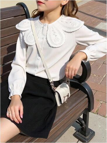 Girl's Eyelet Embroidery Blouses Button Down Ruffle Long Sleeve Collared Uniform Shirt Tops in Saudi Arabia