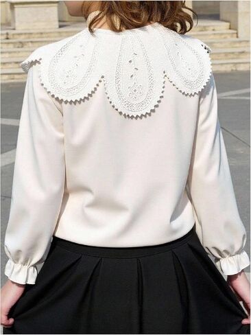 Girl's Eyelet Embroidery Blouses Button Down Ruffle Long Sleeve Collared Uniform Shirt Tops in Saudi Arabia