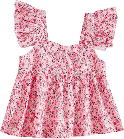 Girl's Floral Ruffle Blouses Shirts Cap Sleeve V Neck Babydoll Peplum Tops Cute Summer Clothes in Saudi Arabia