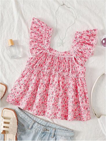 Girl's Floral Ruffle Blouses Shirts Cap Sleeve V Neck Babydoll Peplum Tops Cute Summer Clothes in Saudi Arabia