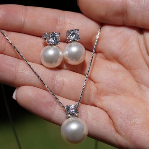 Sterling Silver White/Pink Pearl Pendant Necklace - 10mm Single Pearl Necklaces for Women Dainty Wedding Jewelry Gifts in Saudi Arabia
