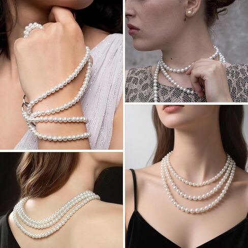 59" Dainty Round Imitation Pearl Choker necklaces, Long Pearl Necklace, Classic Pearls Choker Necklaces, White Faux Pearls Strand Beads for Parties Weddings in Kuwait