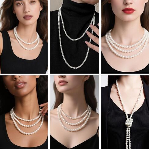 59" Dainty Round Imitation Pearl Choker necklaces, Long Pearl Necklace, Classic Pearls Choker Necklaces, White Faux Pearls Strand Beads for Parties Weddings in Kuwait