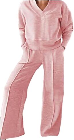 Women's Solid Color V-Neck Top & Pants Two-Piece Set, Sweatshirt Sets for Women, Fall Clothing Set for Women 2024 in Saudi Arabia