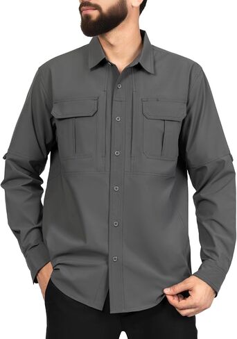 Men's Long Sleeve Fishing Shirts Quick Dry Breathable Water Resistant Zipper Pockets Tactical Shirt for Hiking in Kuwait