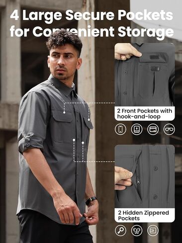 Men's Long Sleeve Fishing Shirts Quick Dry Breathable Water Resistant Zipper Pockets Tactical Shirt for Hiking in Kuwait