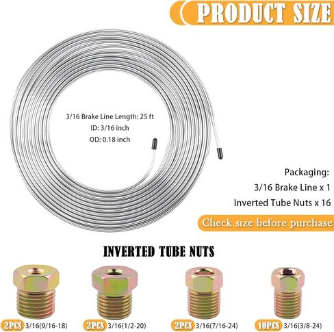 25Ft 3/16 Brake Line Kit,Zinc Plated Copper Rear Brake Line Kit Includes 16PCS Inverted Tube Nuts,Professional Brakes Lines Repair Kits for Hydraulic Brakes System,Fuel System in Saudi Arabia