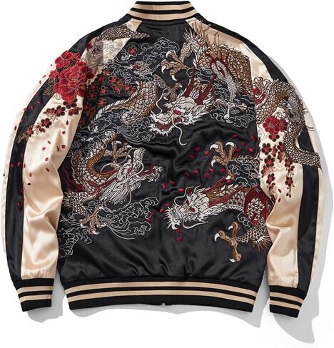 قابلة للانعكاس التنين التطريز سترة ساتان ساتان كامل زيب أزياء الشارع اليابانية معطف كبير الحجم in Kuwait
