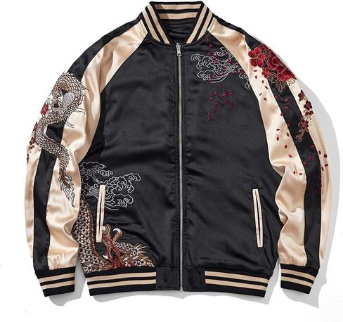 قابلة للانعكاس التنين التطريز سترة ساتان ساتان كامل زيب أزياء الشارع اليابانية معطف كبير الحجم in Kuwait