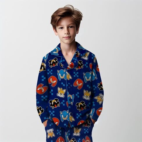 Sonic The Hedgehog Boy's Pajama Set - 2 Piece Boys Flannel Coat Style Matching PJs, Kids Button Down Family Christmas Pajamas in Kuwait