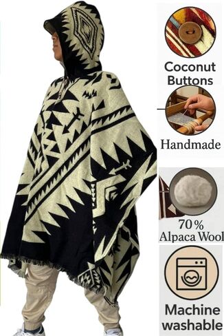Alpaca Poncho Unisex – Handmade Andean Hooded Poncho | Traditional Alpaca Wool Blanket Cape for Men & Women, Warm & Soft in Saudi Arabia