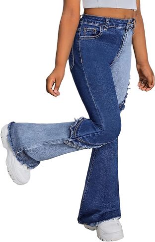 SEAUR Girls Ripped Flared Jeans Skinny School High Waist Bell Bottoms Kids Slim Trendy Casual Retro Denim Pants in Saudi Arabia
