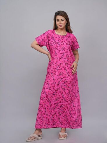 Indian Nighty For Women – Soft Cotton Maxi Gown, Comfy Sleepwear With Side Pocket, Perfect Long Nightdress in Saudi Arabia