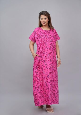 Indian Nighty For Women – Soft Cotton Maxi Gown, Comfy Sleepwear With Side Pocket, Perfect Long Nightdress in Saudi Arabia