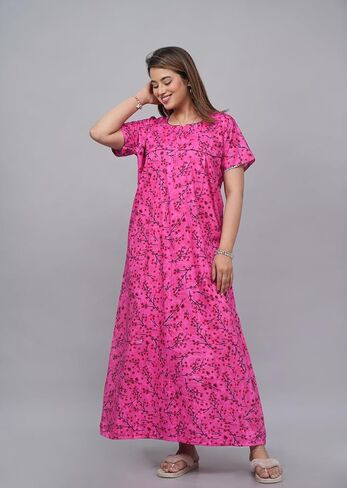Indian Nighty For Women – Soft Cotton Maxi Gown, Comfy Sleepwear With Side Pocket, Perfect Long Nightdress in Saudi Arabia
