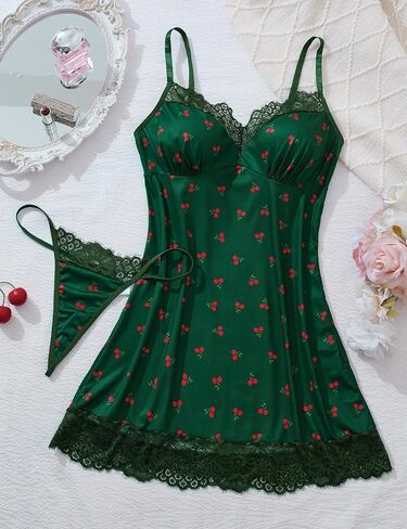 Sexy Lingerie Set for Women Cherry Print Babydoll Chemise V Neck Nightsleep Lace Nightgown with G-String in Kuwait