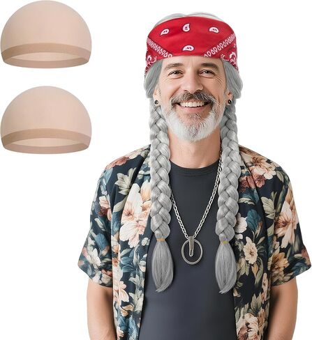 ADNEE 4 PCS Mens Hippie Double Braid Set ، شعر مستعار أزياء من الذكور مع باندانا وقبعات شعر مستعار ، بارز فضي رمادي هبي للملحقات الحفلات الأزياء في عيد الهالوين in Kuwait