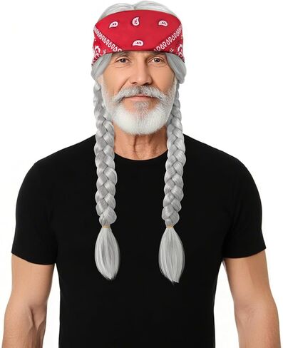 ADNEE 4 PCS Mens Hippie Double Braid Set ، شعر مستعار أزياء من الذكور مع باندانا وقبعات شعر مستعار ، بارز فضي رمادي هبي للملحقات الحفلات الأزياء في عيد الهالوين in Kuwait