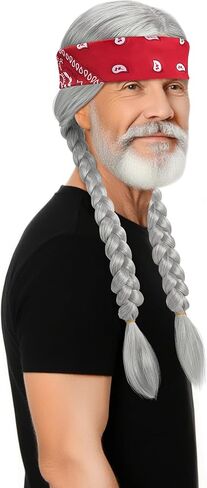 ADNEE 4 PCS Mens Hippie Double Braid Set ، شعر مستعار أزياء من الذكور مع باندانا وقبعات شعر مستعار ، بارز فضي رمادي هبي للملحقات الحفلات الأزياء في عيد الهالوين in Kuwait