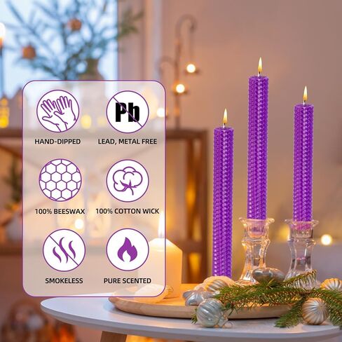 شموع Konni Purple Beeswax Taper ، 0.87 بوصة × 7.87 بوصة مدفوعة يدويًا ، غير معقولة ، لا تدخن ، وقت الحرق الطويل ، القمة المسطحة (حزمة 3) ، لحفلات الزفاف ، وحفلات العشاء ، والمنتجعات ، والديكور المنزلي in Kuwait