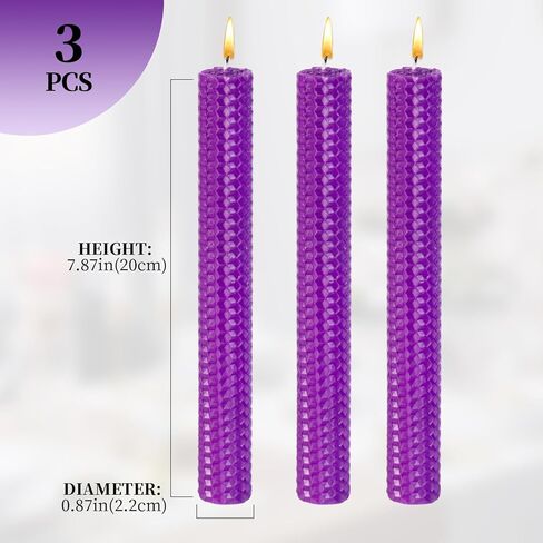 شموع Konni Purple Beeswax Taper ، 0.87 بوصة × 7.87 بوصة مدفوعة يدويًا ، غير معقولة ، لا تدخن ، وقت الحرق الطويل ، القمة المسطحة (حزمة 3) ، لحفلات الزفاف ، وحفلات العشاء ، والمنتجعات ، والديكور المنزلي in Kuwait