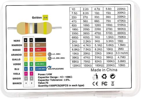1500Pcs 1/4W Carbon Film Resistor Assortment Kit Box, Resistance Range 1ohm~10m, for DIY Electronic, 75 Values Set of Resistors in Saudi Arabia