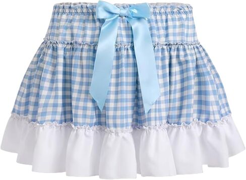 KMBANGI Adult Womens Gingham Short Skirt Pleated Ruffle A Line Plaid Mini Skirt Halloween Cosplay Costume Sissy Skirts in Saudi Arabia