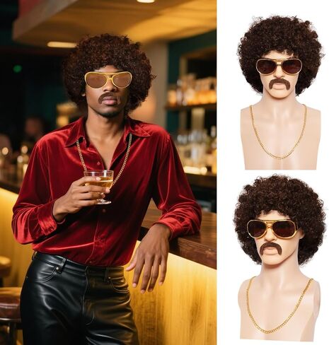 5pcs 70s afro الباروكة للرجال ديسكو الأزياء مجموعة النظارات سلسلة شارب قصير مجعد طبيعي أسود شعر مستعار كاب الرجعية الروك لسبعينيات القرن الماضي in Saudi Arabia