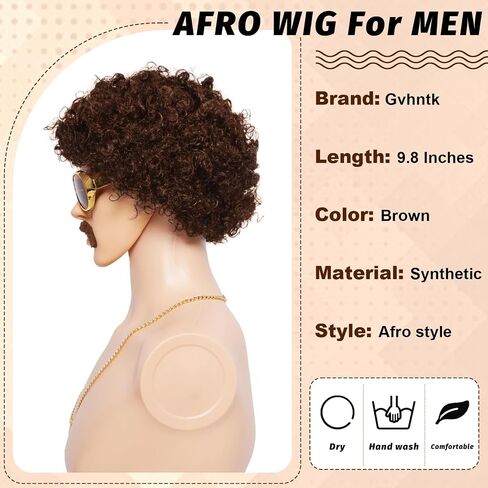 5pcs 70s afro الباروكة للرجال ديسكو الأزياء مجموعة النظارات سلسلة شارب قصير مجعد طبيعي أسود شعر مستعار كاب الرجعية الروك لسبعينيات القرن الماضي in Saudi Arabia