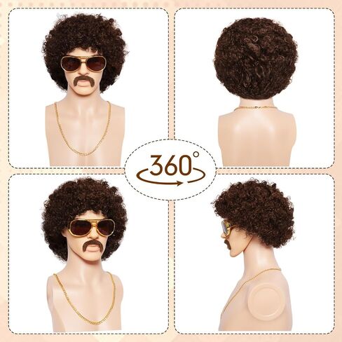 5pcs 70s afro الباروكة للرجال ديسكو الأزياء مجموعة النظارات سلسلة شارب قصير مجعد طبيعي أسود شعر مستعار كاب الرجعية الروك لسبعينيات القرن الماضي in Saudi Arabia