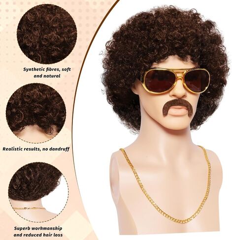 5pcs 70s afro الباروكة للرجال ديسكو الأزياء مجموعة النظارات سلسلة شارب قصير مجعد طبيعي أسود شعر مستعار كاب الرجعية الروك لسبعينيات القرن الماضي in Saudi Arabia